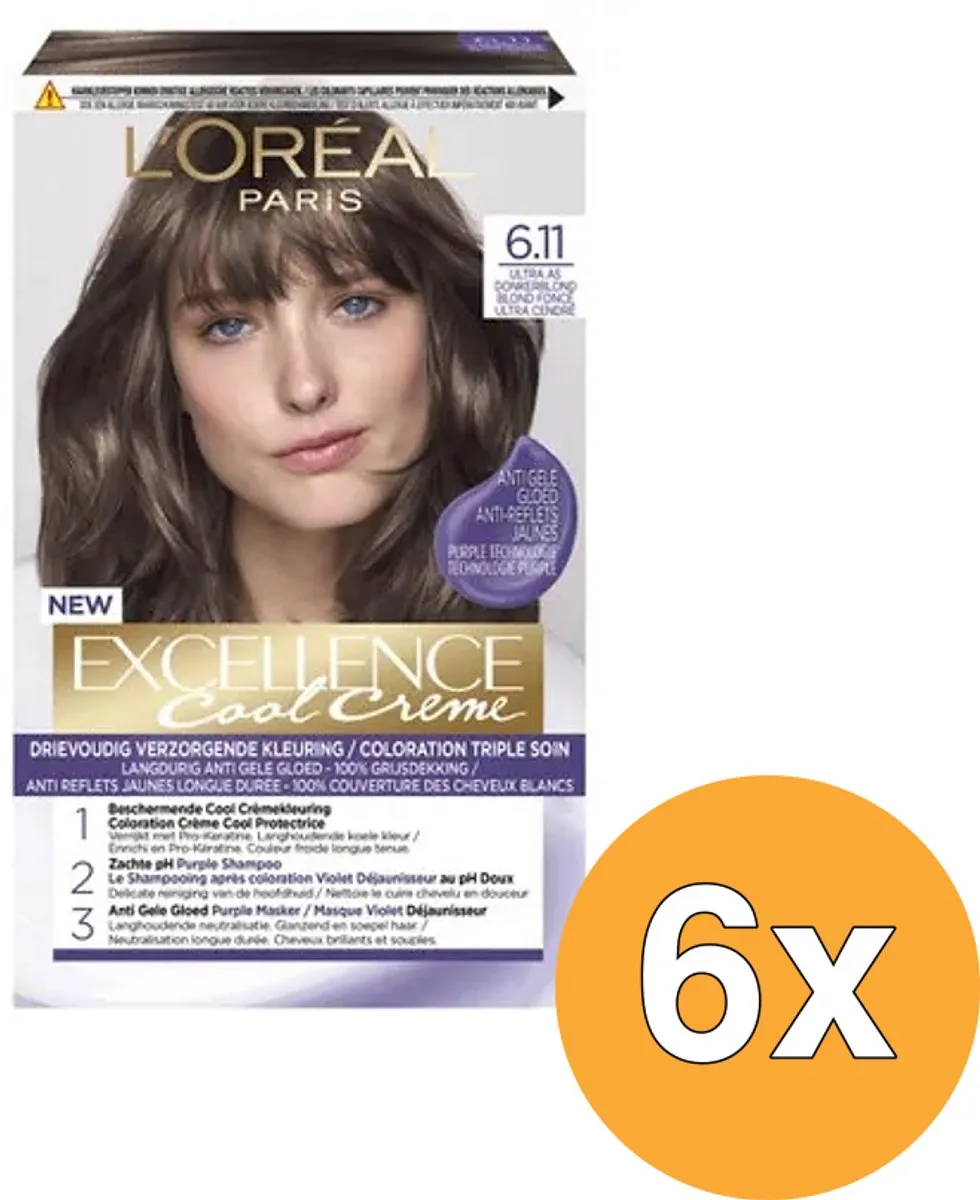 L'Oréal Paris Excellence Cool Cream 6.11 Ultra Ash Donkerblond - 6 Stuks