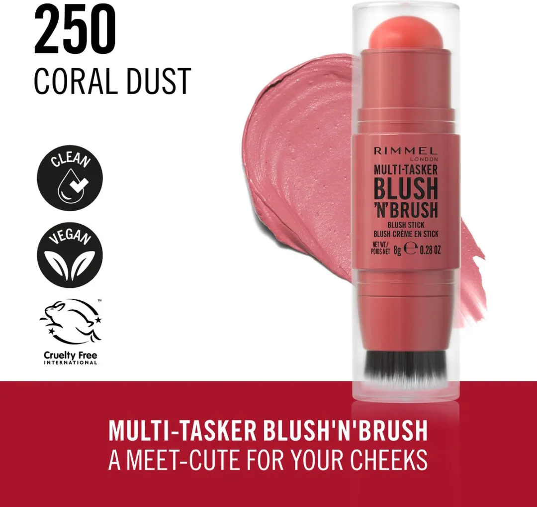 Rimmel London Multi-Tasker Blush'N'Brush Stick Coral Dust - 8g - 3 Stuks - afbeelding 6 van 6