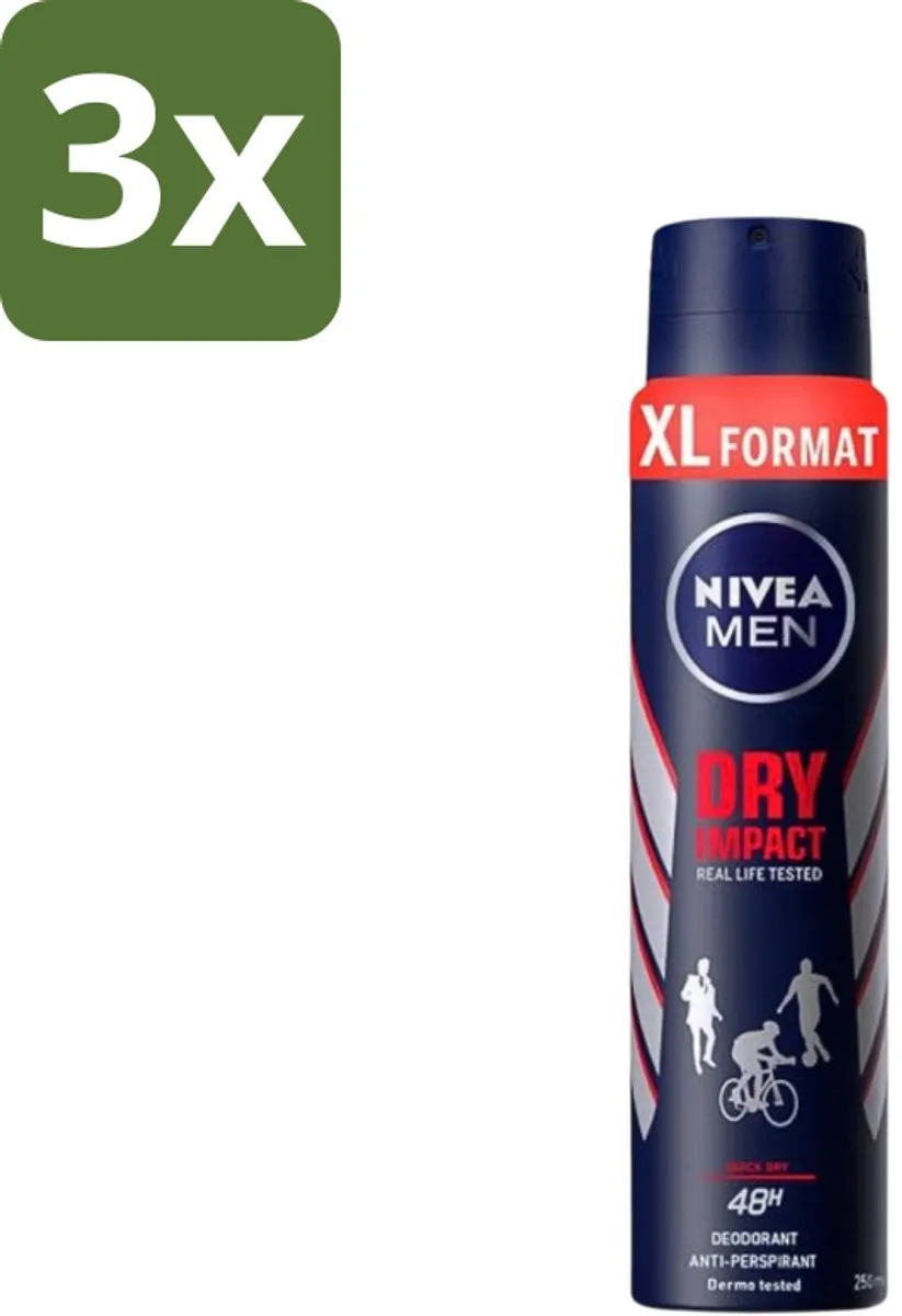 NIVEA Men Dry Impact Deospray 250ml - 3 Stuks