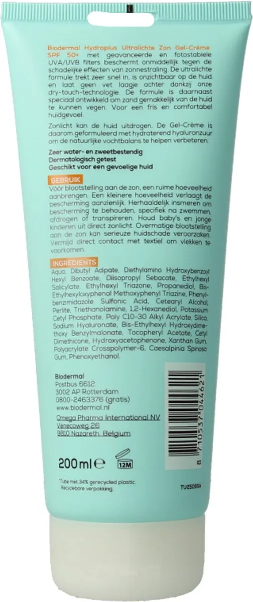 Biodermal Hydraplus Ultralichte Zon Gel-Crème SPF 50 150ml