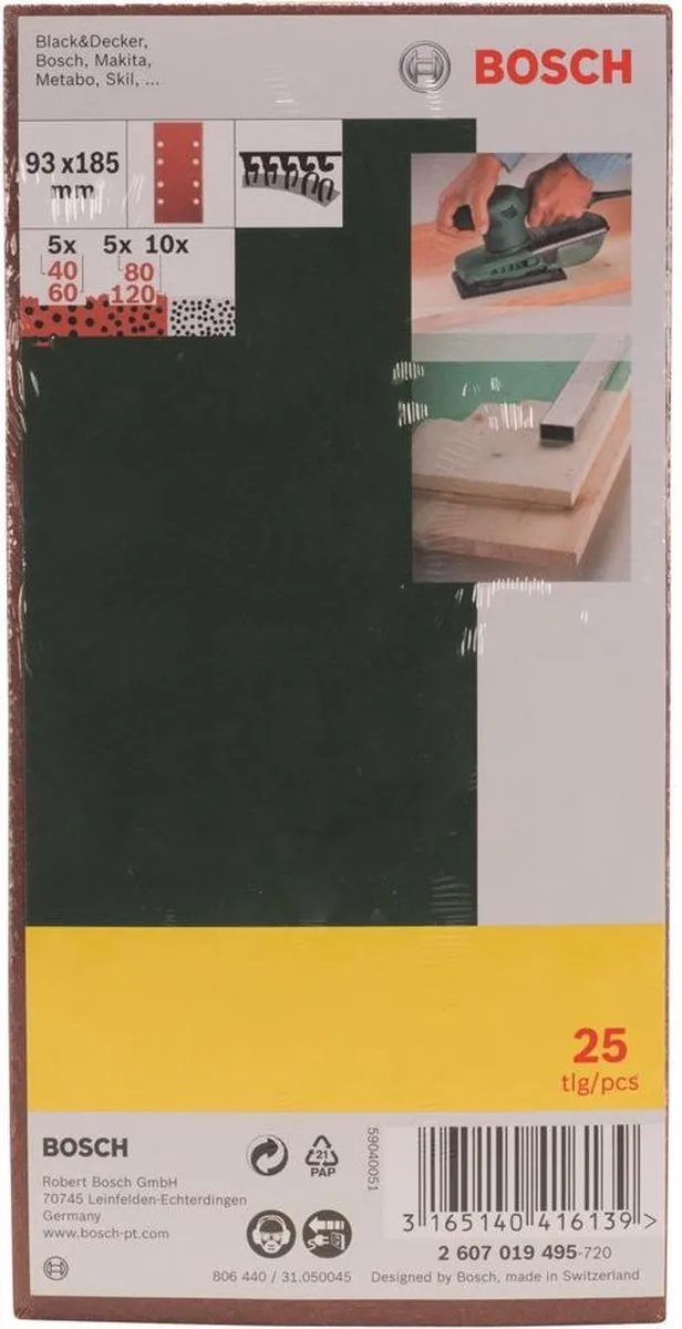 Bosch 25-delige Schuurbladenset - 93x185mm - Korrel 40/60/80/120