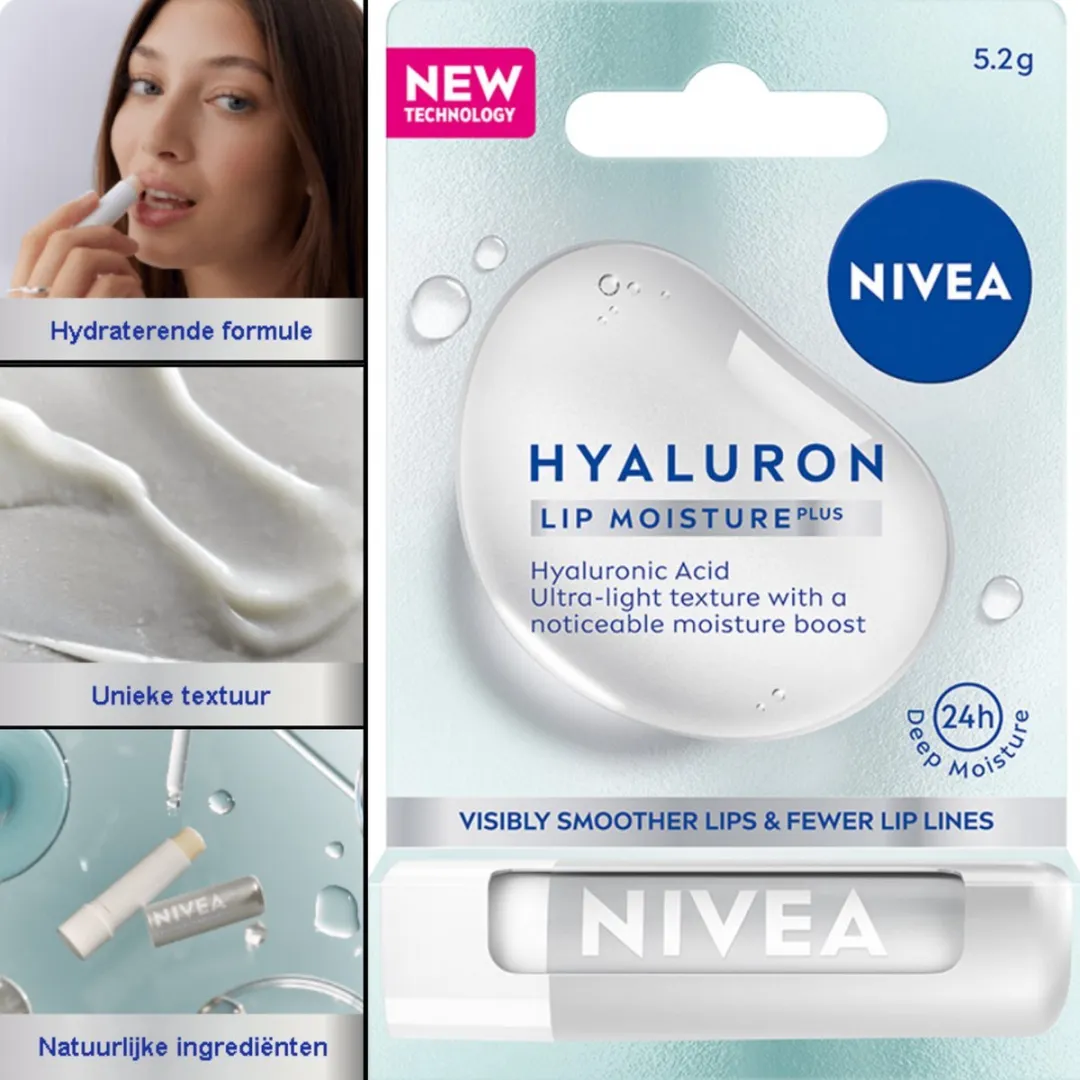 NIVEA Hyaluron Lip Moisture Plus Lippenbalsem - 15,6g (3x5,2g) - Transparant