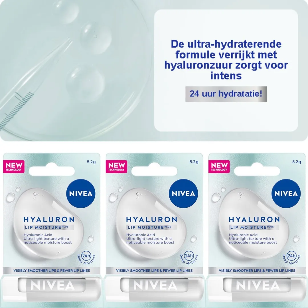 NIVEA Hyaluron Lip Moisture Plus Lippenbalsem - 15,6g (3x5,2g) - Transparant