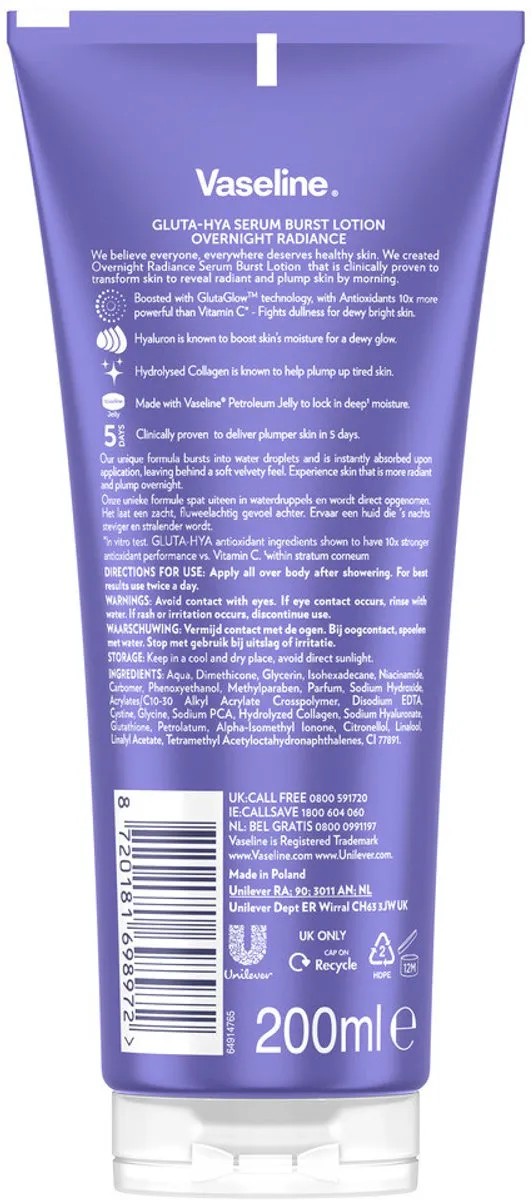 Vaseline Gluta-Hya Serum Overnight Radiance 200ml - 10 Stuks
