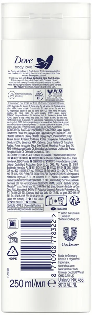 Dove Bodylotion - Nourishing Secrets - Restoring Ritual - Kokos & Amandel - 400 ml - 1 stuk