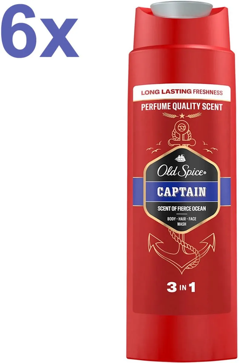 Old Spice Captain 3-in-1 Douchegel – 6x 250 ml – Lichaam, Haar & Gezicht – Langdurige Frisheid – Fierce Ocean Geur | Voordeelverpakking