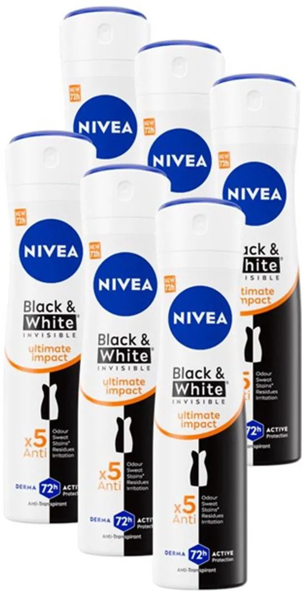 NIVEA Black & White Ultimate Impact Deo Spray 72H - 6x150ml