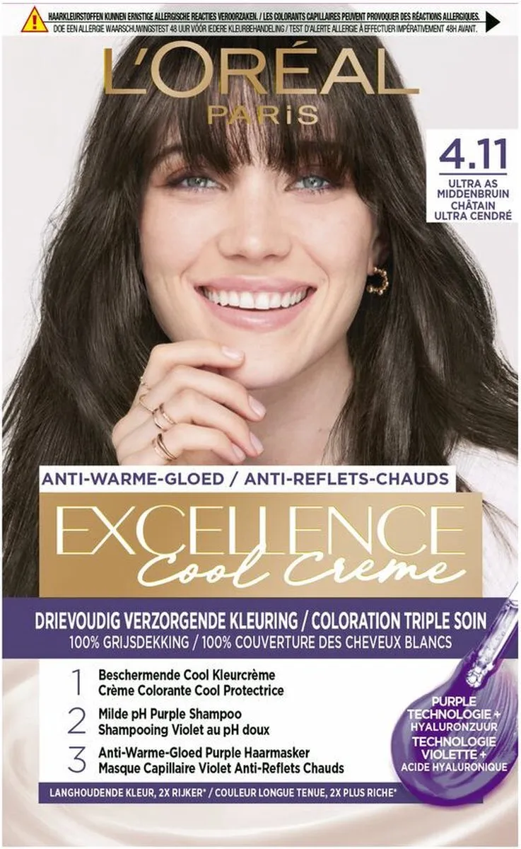 L'Oréal Paris Excellence Cool Cream 4.11 Ultra Ash Middenbruin - 6 Stuks