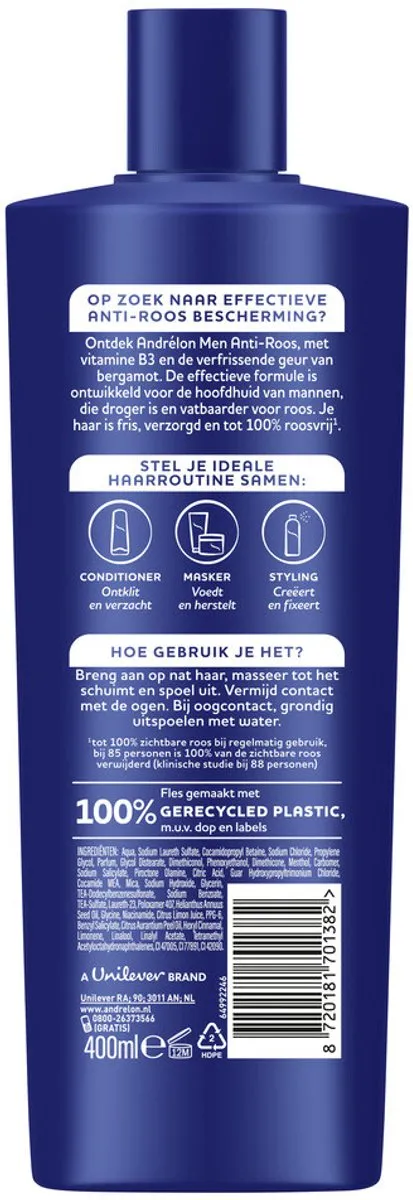 Andrélon – Shampoo – Anti Roos Men – 400 ml - Voordeelverpakking - 2 stuks - Mannelijke hoofdhuid - Droge hoofdhuid