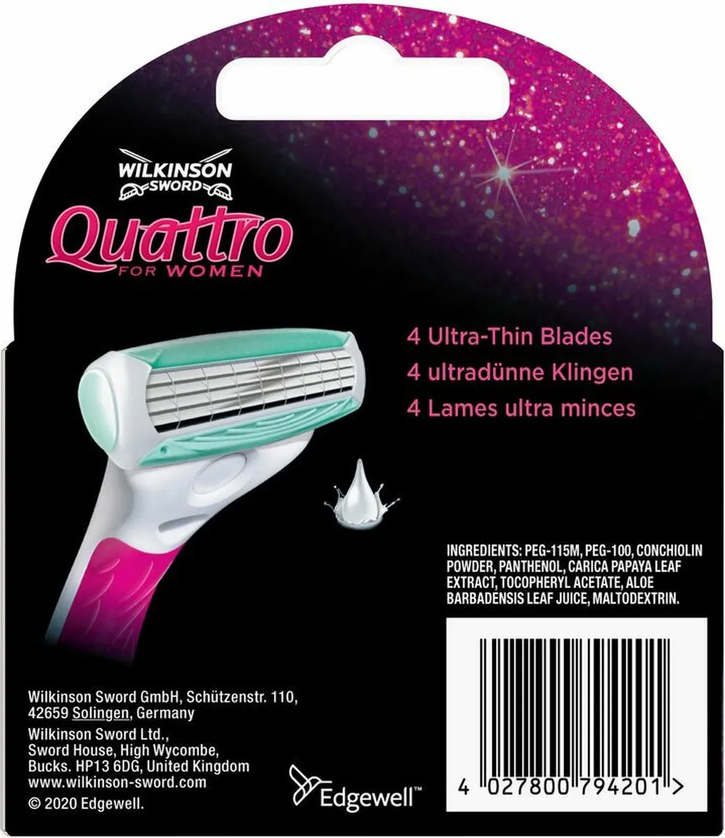 Wilkinson Sword Woman Quattro Sensitive Scheermesjes - 40 Stuks (10x4) - Roze/ Groen/ Wit