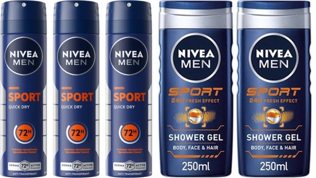 NIVEA Men Sport Mix - 5 Stuks (3x Deo Spray 250ml, 2x Douchegel 250ml)