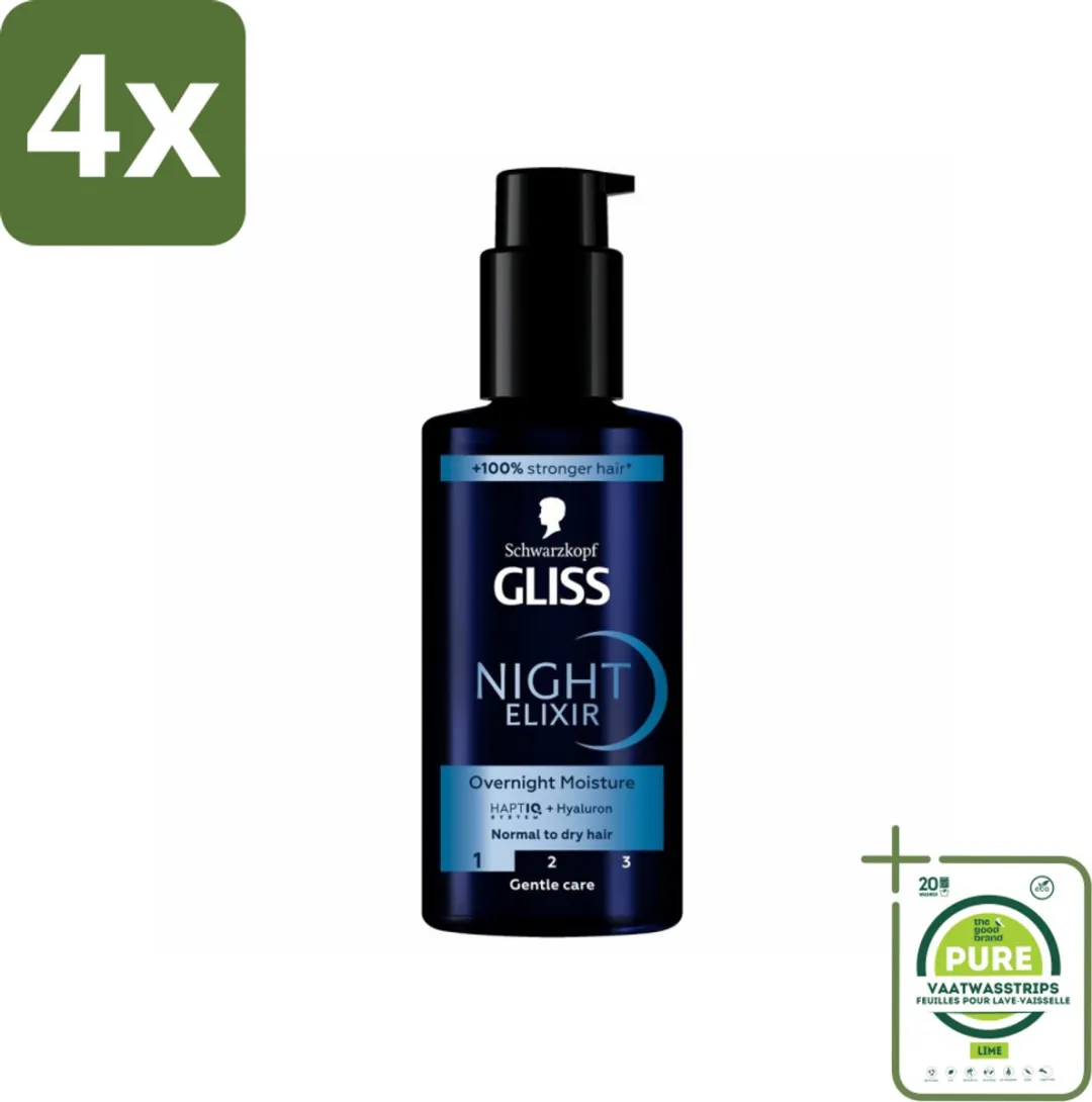 Gliss - Haarserum - Night Elixer - Overnight Moisture - Hydratatie en Glans - 100 ml - Voordeelverpakking - 4 stuks - Haar serum - Nacht serum