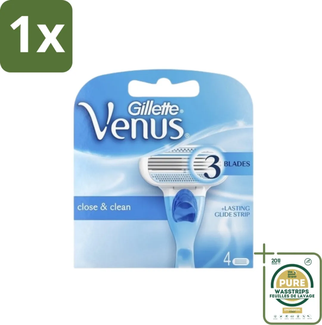 1 x Gillette - Venus - Close & Clean - Gladde scheerbeurt - 4 Navulscheermesjes- Scheermesjes Vrouwen - Glad Scheeren - Veilig Scheren - Beschermende Kussentjes - Soft Grip Handgreep
