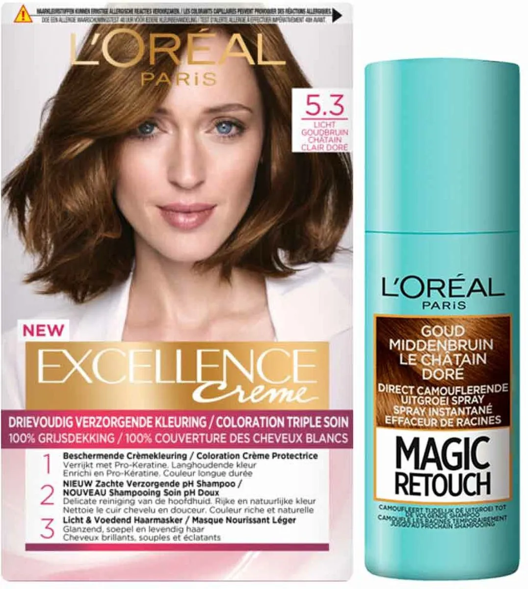 L'Oréal Excellence Crème Haarverf 5.3 + Magic Retouch Spray - 2 Stuks