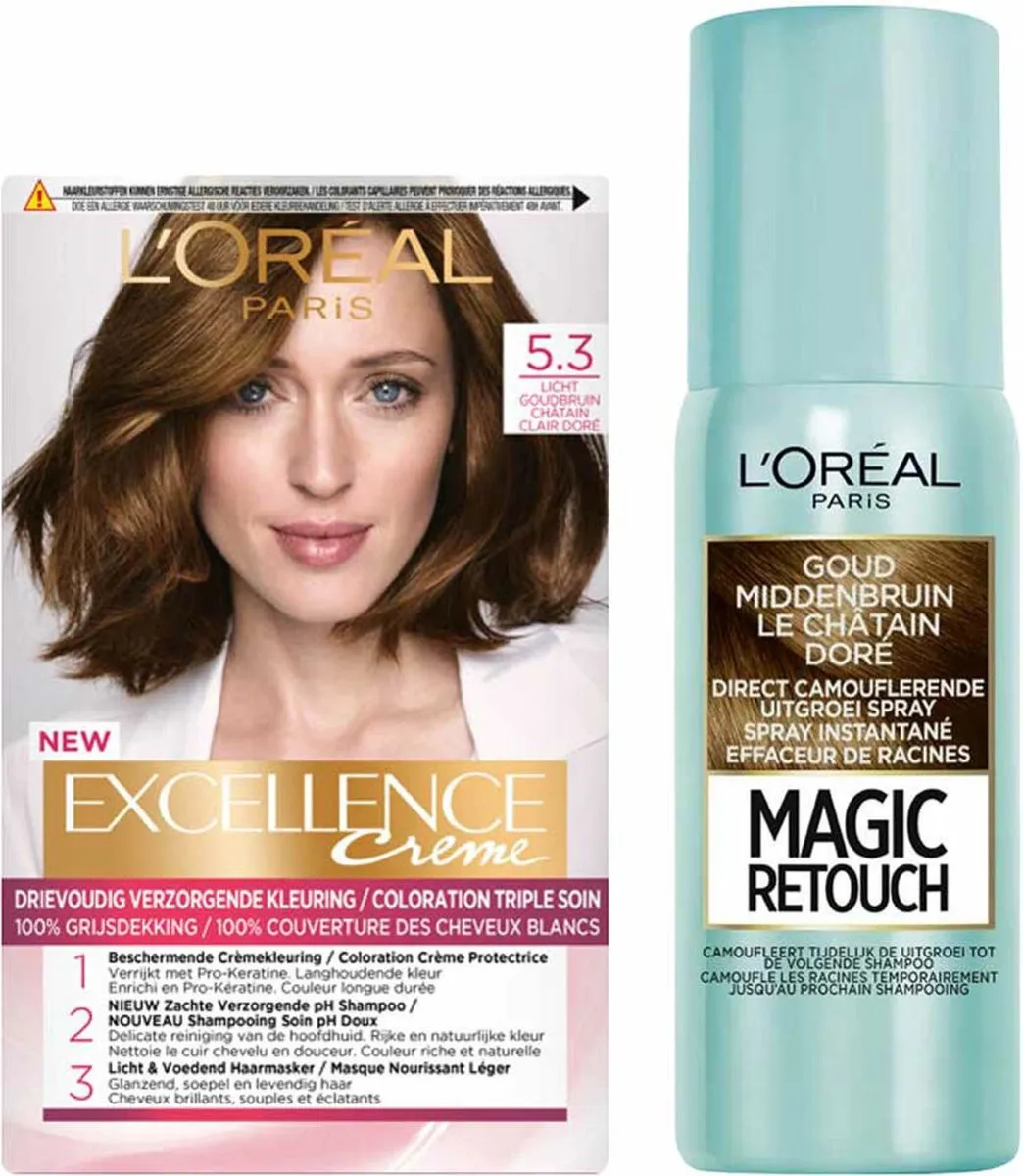 L'Oréal Excellence Crème Haarverf 5.3 + Magic Retouch Spray
