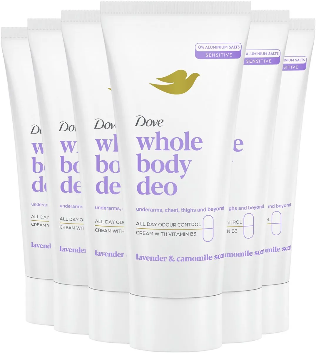 Dove Whole Body Deodorant Cream - Lavender & Camomile - de formule met frisse geur, voedende oliën en vitamine B3 bevat 0% aluminiumzouten - 6 x 75 ml