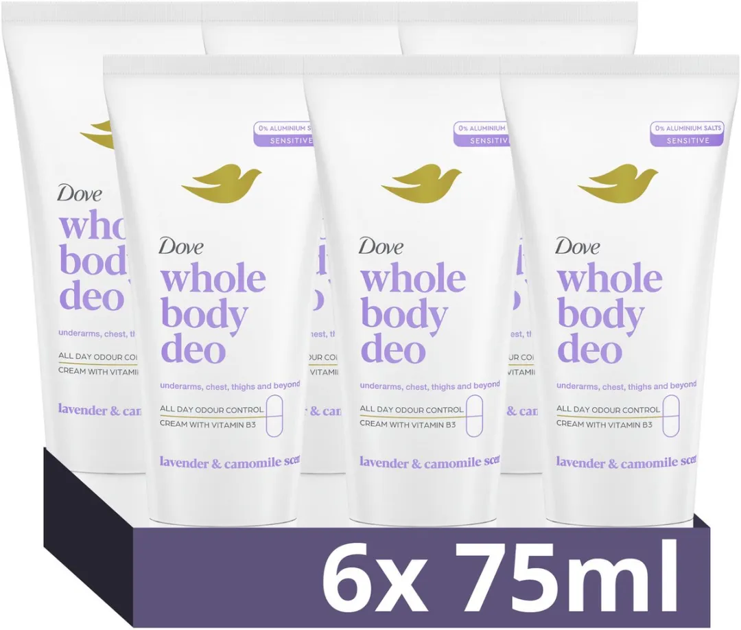 Dove Whole Body Deodorant Cream - Lavender & Camomile - de formule met frisse geur, voedende oliën en vitamine B3 bevat 0% aluminiumzouten - 6 x 75 ml