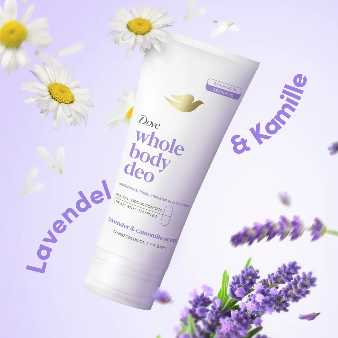 Dove Whole Body Deodorant Cream - Lavender & Camomile - de formule met frisse geur, voedende oliën en vitamine B3 bevat 0% aluminiumzouten - 6 x 75 ml