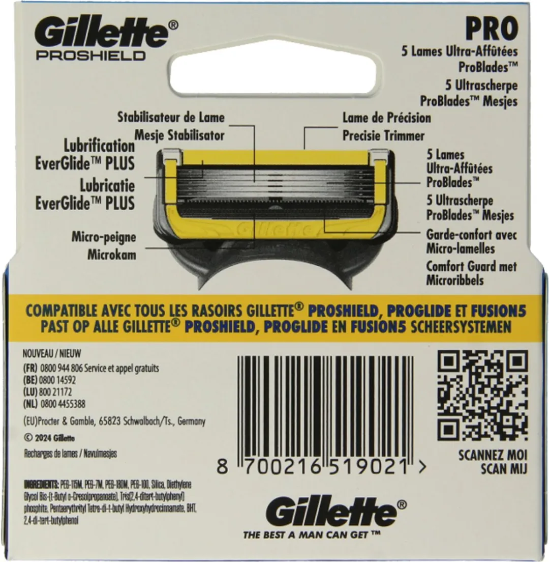 Gillette Proshield Navul Scheermesjes - 5 Bladen - 4 Stuks - Geel