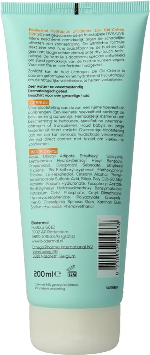 Biodermal Hydraplus Ultralichte Zon Gel-Crème SPF 30 - 150ml