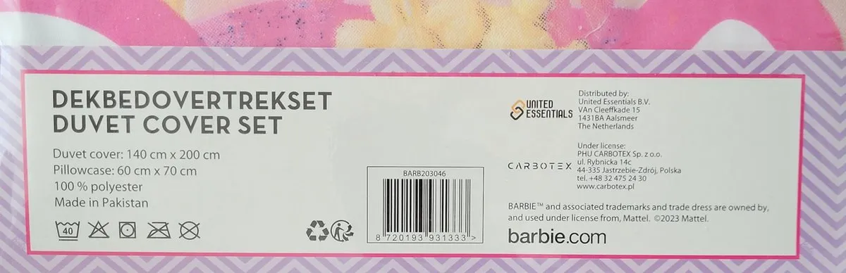 Barbie Eenhoorn Dekbedovertrek Eenpersoons 140x200cm - Roze/Wit/Geel/Paars
