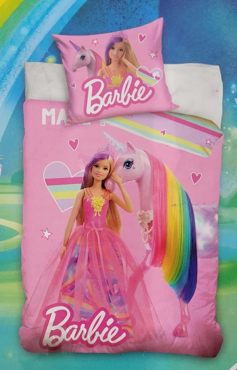 Barbie Eenhoorn Dekbedovertrek Eenpersoons 140x200cm - Roze/Wit/Geel/Paars