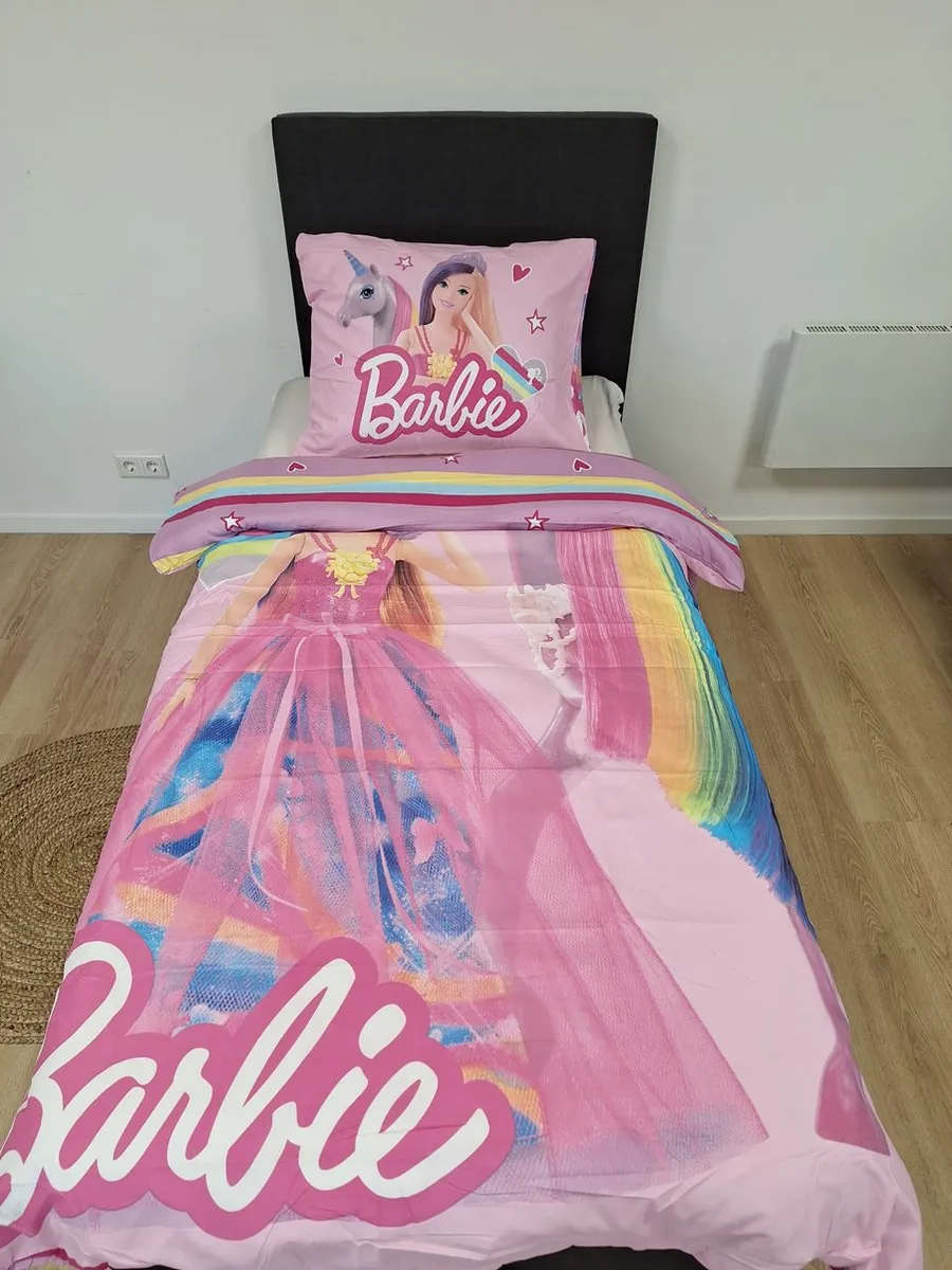 Barbie Eenhoorn Dekbedovertrek Eenpersoons 140x200cm - Roze/Wit/Geel/Paars