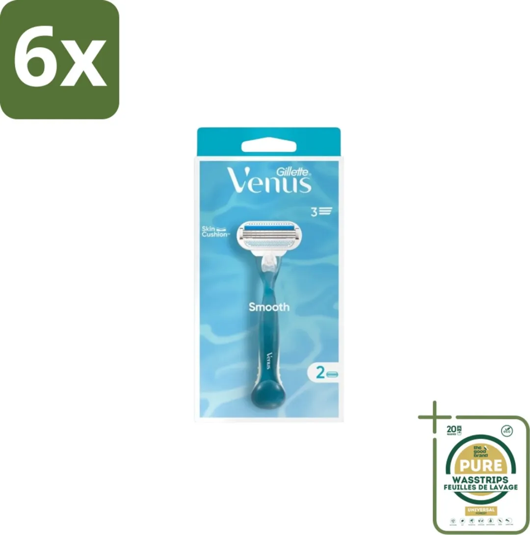 Gillette - Venus Smooth – Rondingvolgende Mesjes – Handvat + 2 Navulmesjes - Voordeelverpakking - 6 stuks - Scheren voor vrouwen - Venus SkinCushion