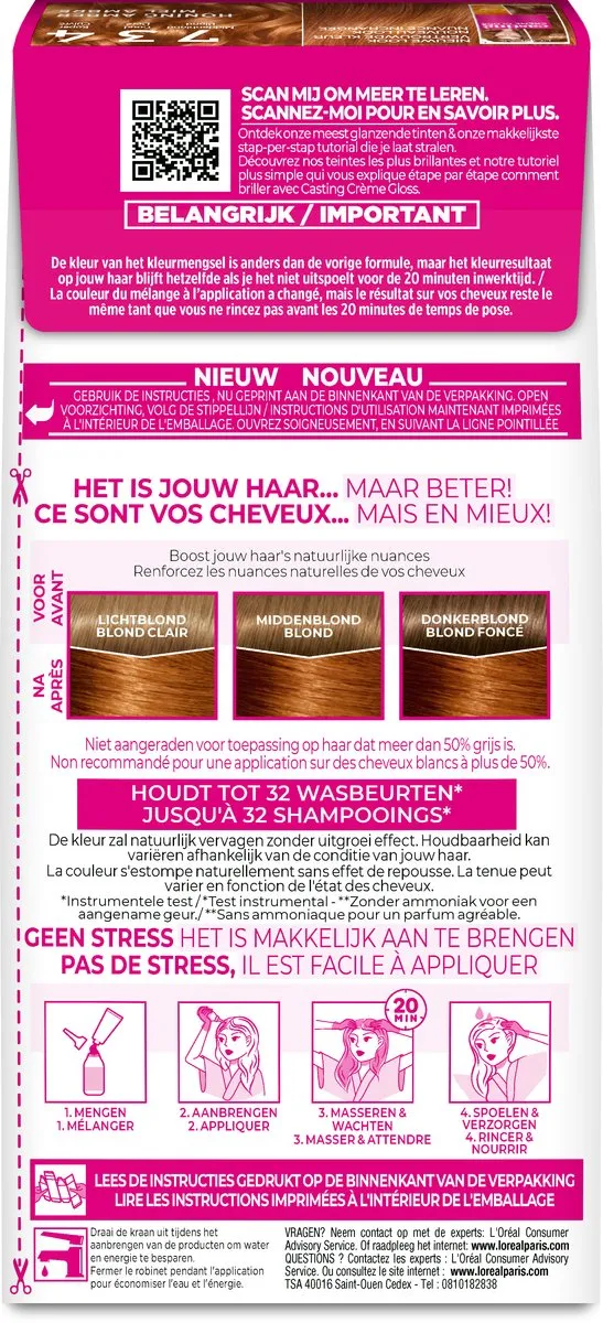 L'Oréal Paris Casting Crème Gloss 734 Semi-permanente Haarkleuring - Midden Goud Koperblond