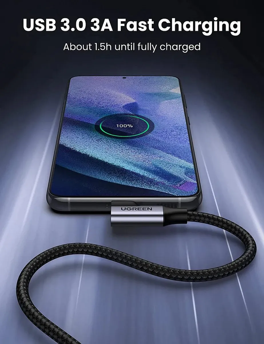 Ugreen US385 USB-C Haakse Kabel 5Gb/s 3A - 1m - Zwart