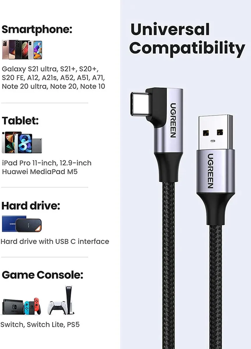 Ugreen US385 USB-C Haakse Kabel 5Gb/s 3A - 1m - Zwart