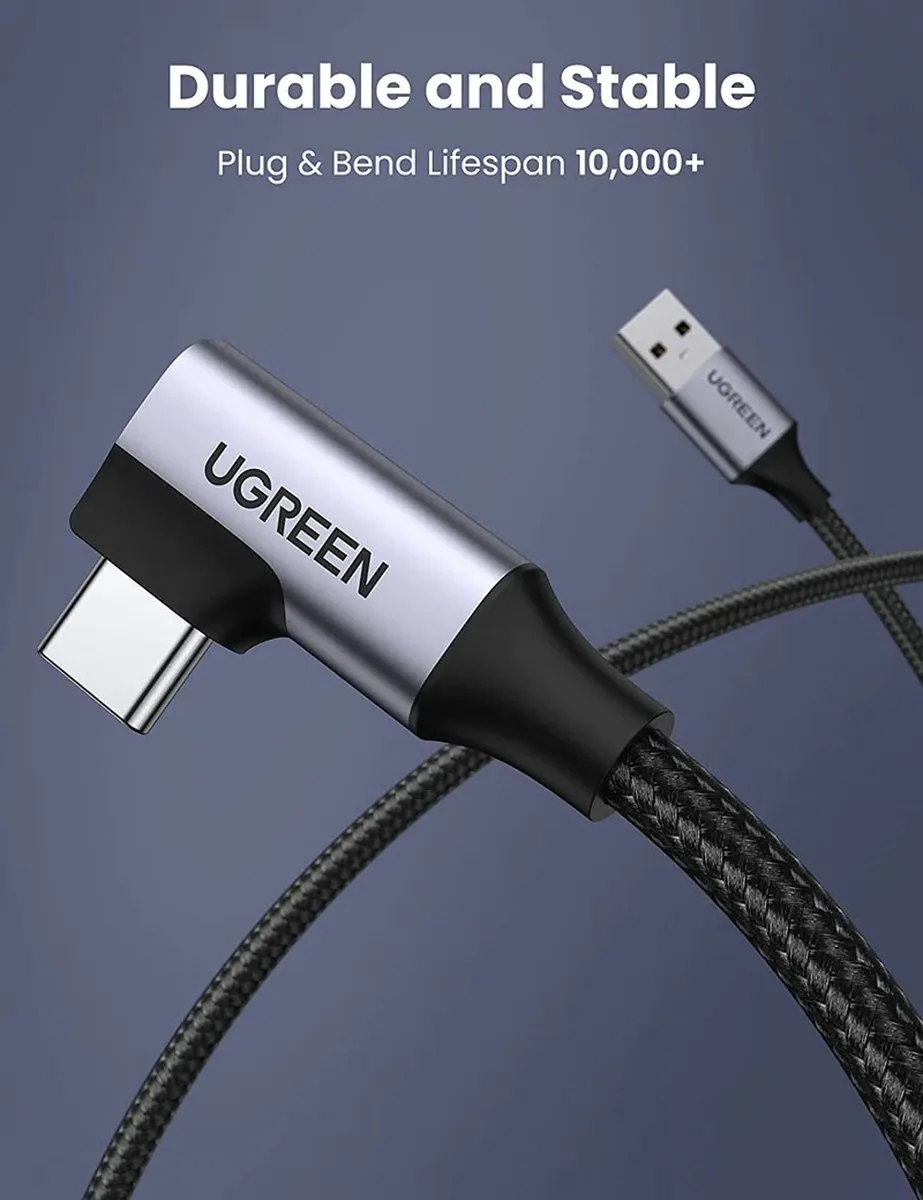 Ugreen US385 USB-C Haakse Kabel 5Gb/s 3A - 1m - Zwart