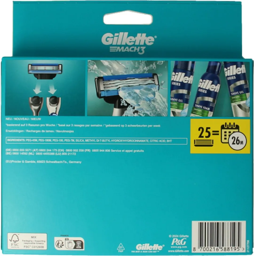 Gillette Mach3 Base Scheermesjes - 25 Stuks