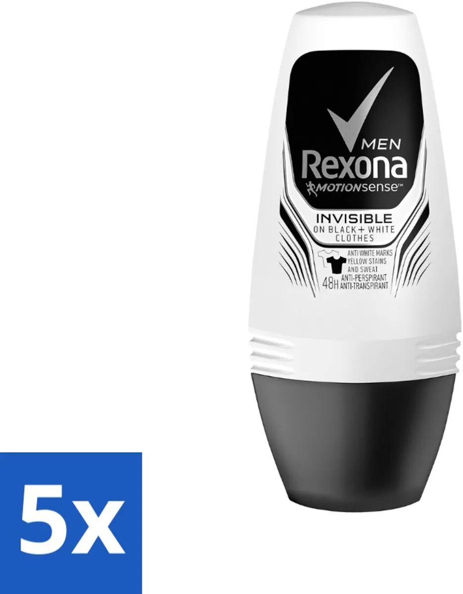 5 x Rexona Men - Invisible On Black & White - Deo Roller - 50 ml - Deodorant Voor Mannen - Zweetbescherming - Vlekkenbescherming - Roll-on Deodorant - Frisheid