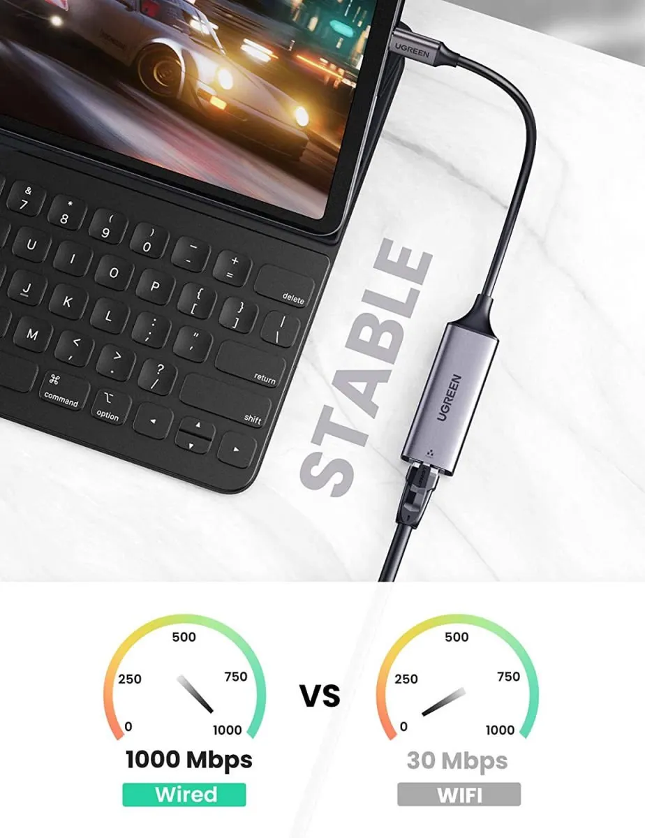 Ugreen USB-C Gigabit Ethernet Adapter 1000Mbps - 20cm - Grijs