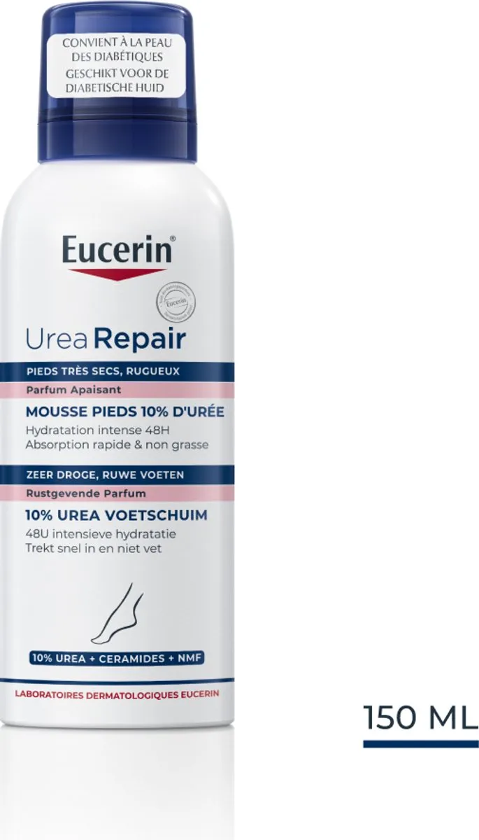 Eucerin UreaRepair Voetschuim 10% Urea - Ureum en Ceramiden Crème voor Zeer Droge en Ruwe Voeten - 48H Hydratatie - 150ml
