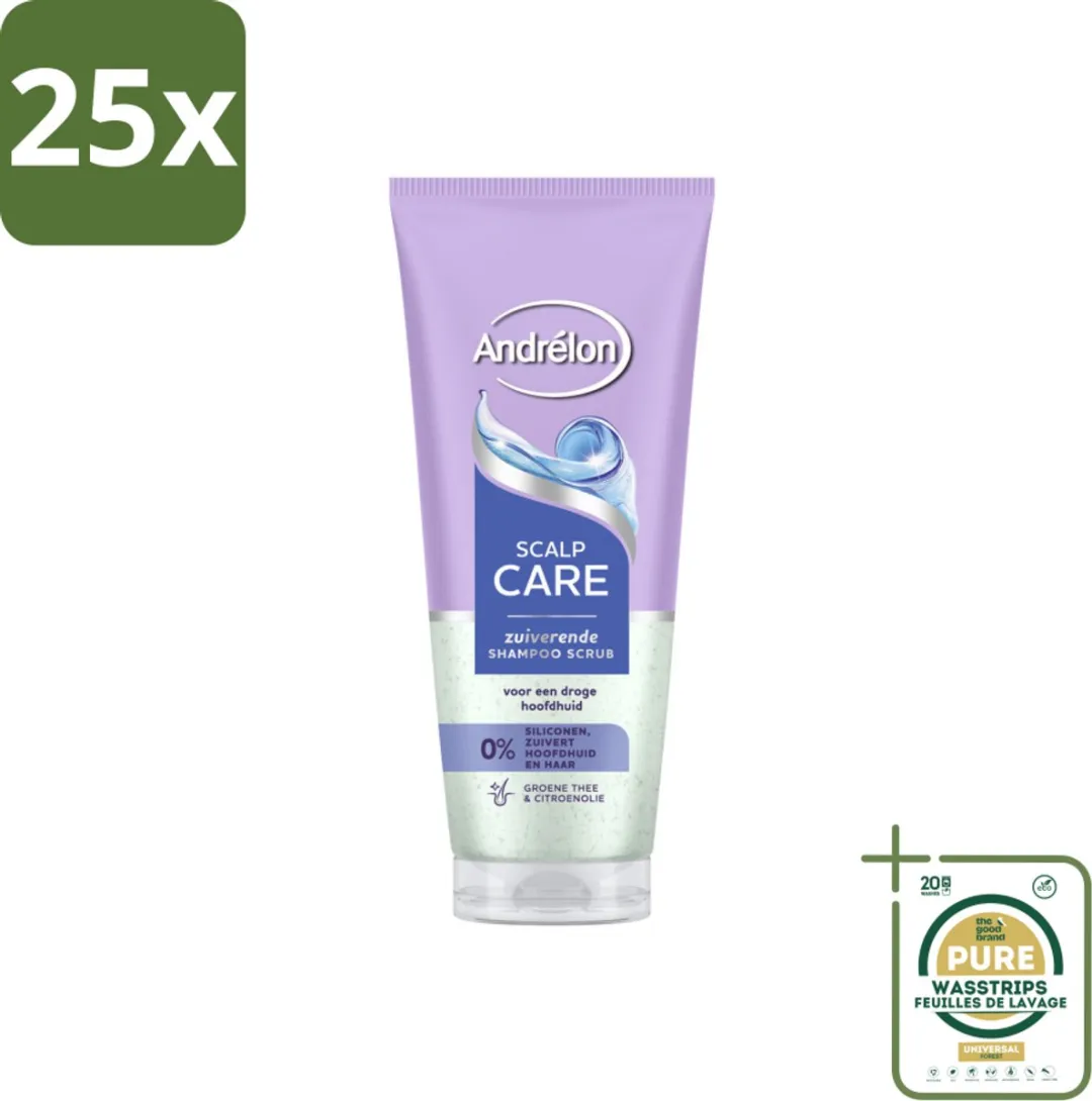 25 x Andrélon – Shampoo Scrub – Anti Roos – 200 ml - Grootverpakking - Anti-roos Shampoo - Droge Hoofdhuid - Hoofdhuid Reinigen - Groene Thee Shampoo - Citroenolie Shampoo