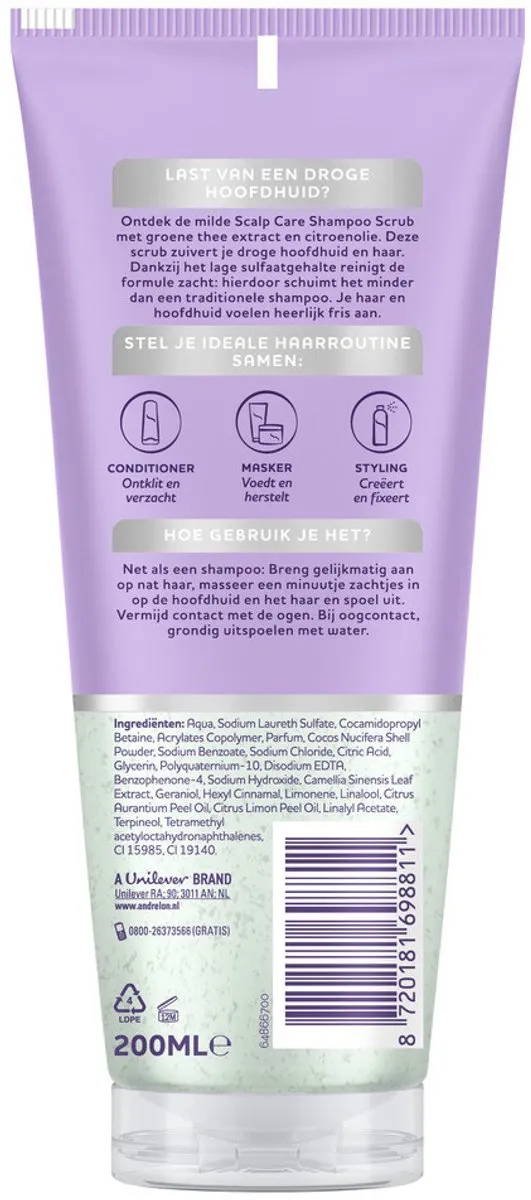 25 x Andrélon – Shampoo Scrub – Anti Roos – 200 ml - Grootverpakking - Anti-roos Shampoo - Droge Hoofdhuid - Hoofdhuid Reinigen - Groene Thee Shampoo - Citroenolie Shampoo