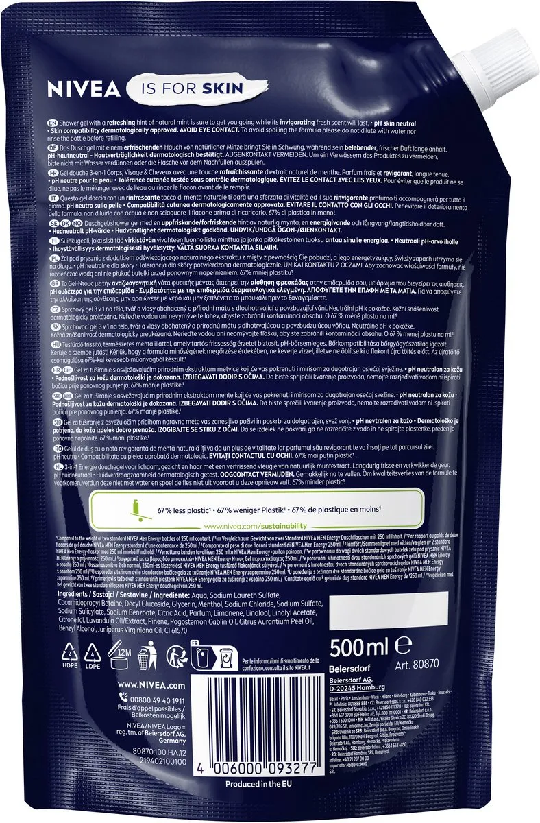NIVEA MEN Energy 3in1 Shower Gel Refill - 6x500ml - afbeelding 6 van 6