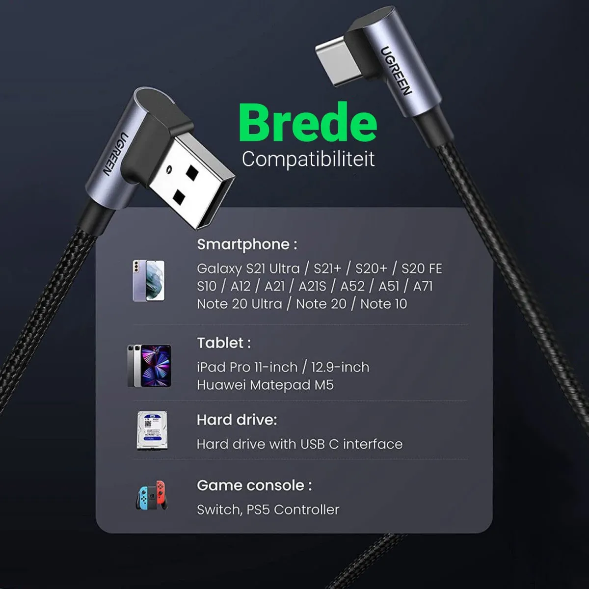 Ugreen USB Type-C Haakse Kabel QC3.0 - 2m - Grijs