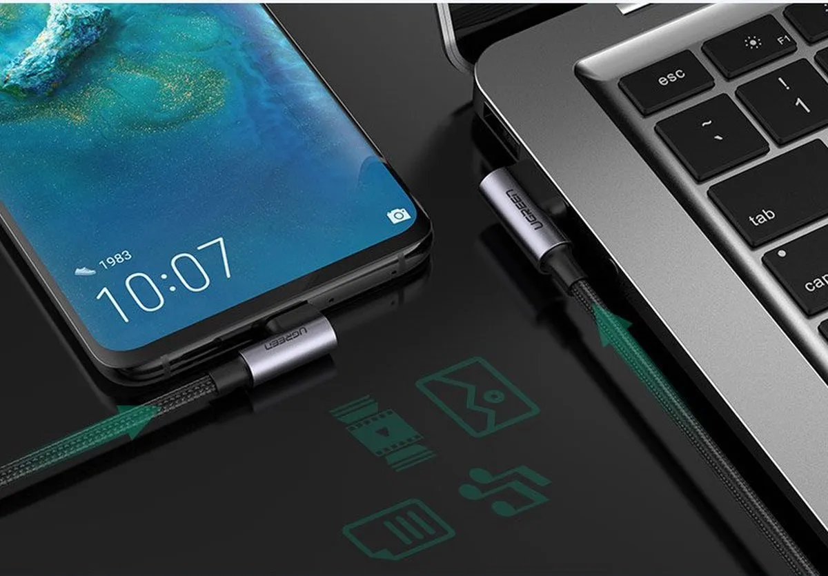 Ugreen USB Type-C Haakse Kabel QC3.0 - 2m - Grijs