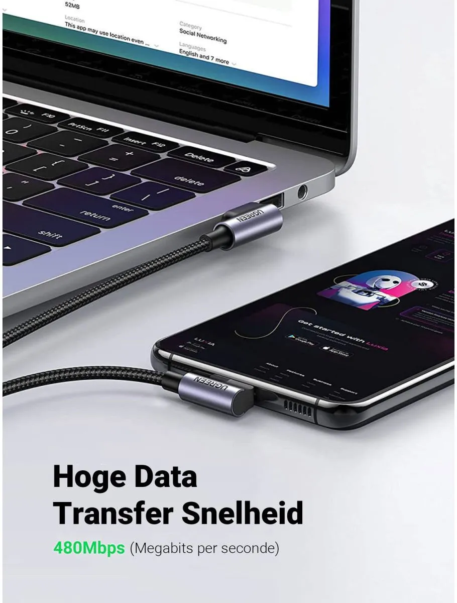 Ugreen USB Type-C Haakse Kabel QC3.0 - 2m - Grijs