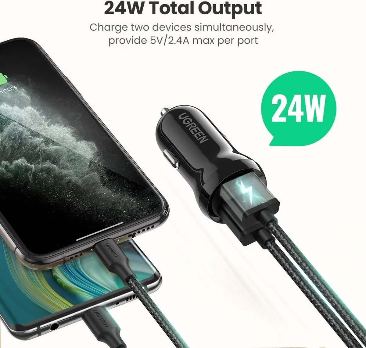 Ugreen Autolader 2x USB 24W - Zwart