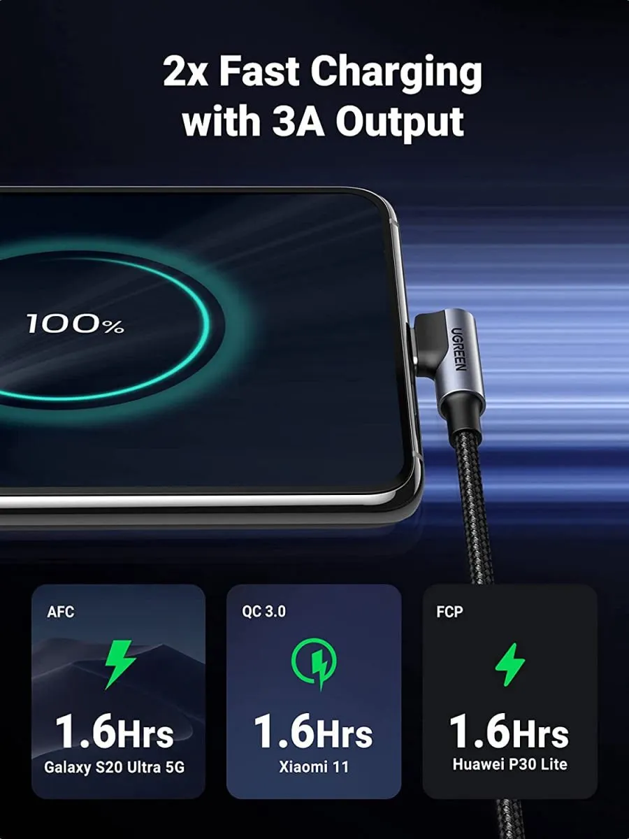 Ugreen USB Type C Quick Charge 3.0 Haakse Kabel 1m - Grijs