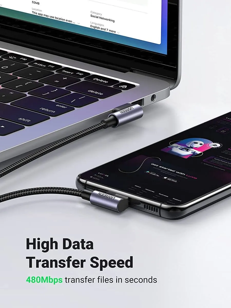 Ugreen USB Type C Quick Charge 3.0 Haakse Kabel 1m - Grijs