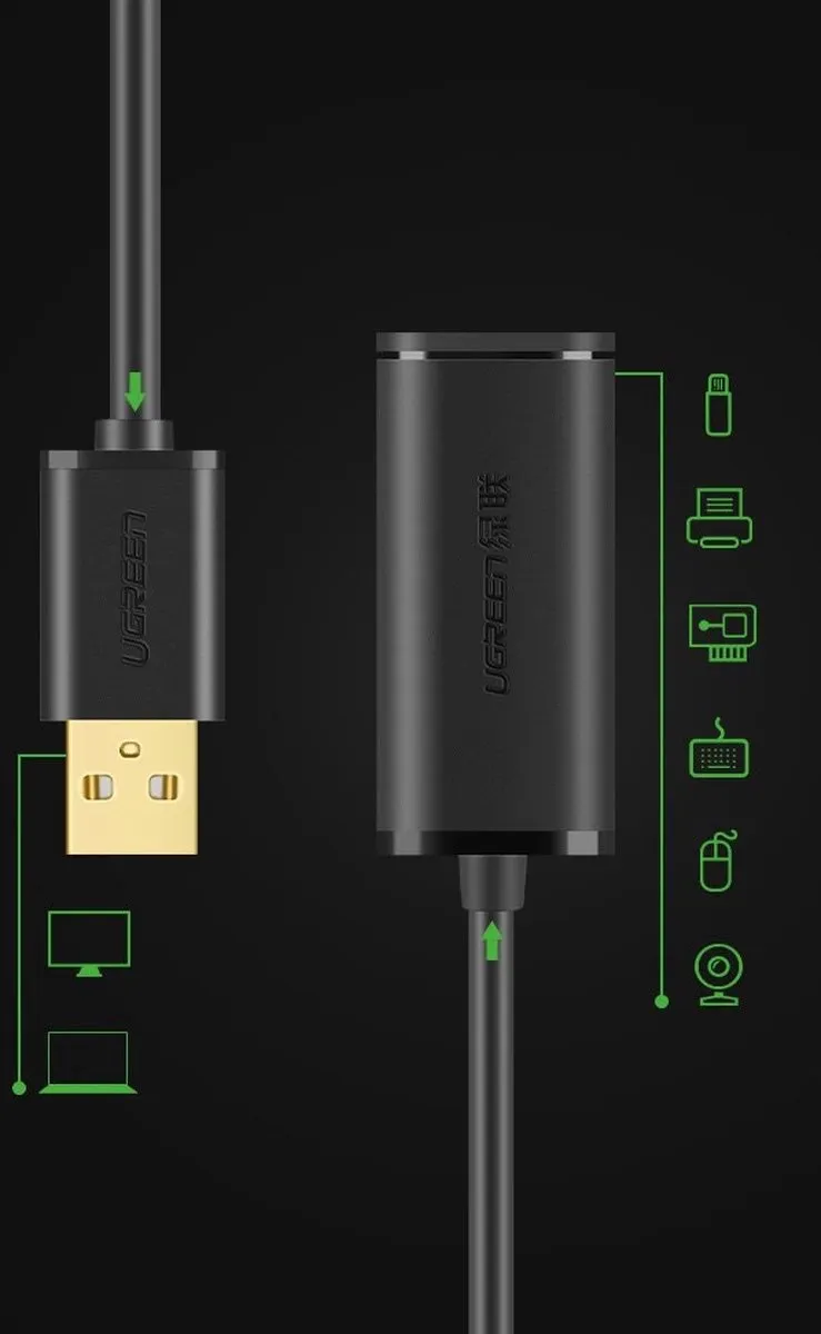 Ugreen USB 2.0 Verlengkabel 480 Mbps 10m - Zwart