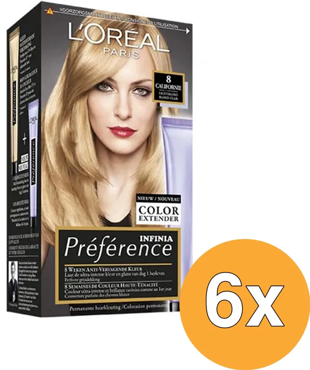 L'Oréal Préférence Permanente Haarkleuring 8.0 Lichtblond - 6 Stuks