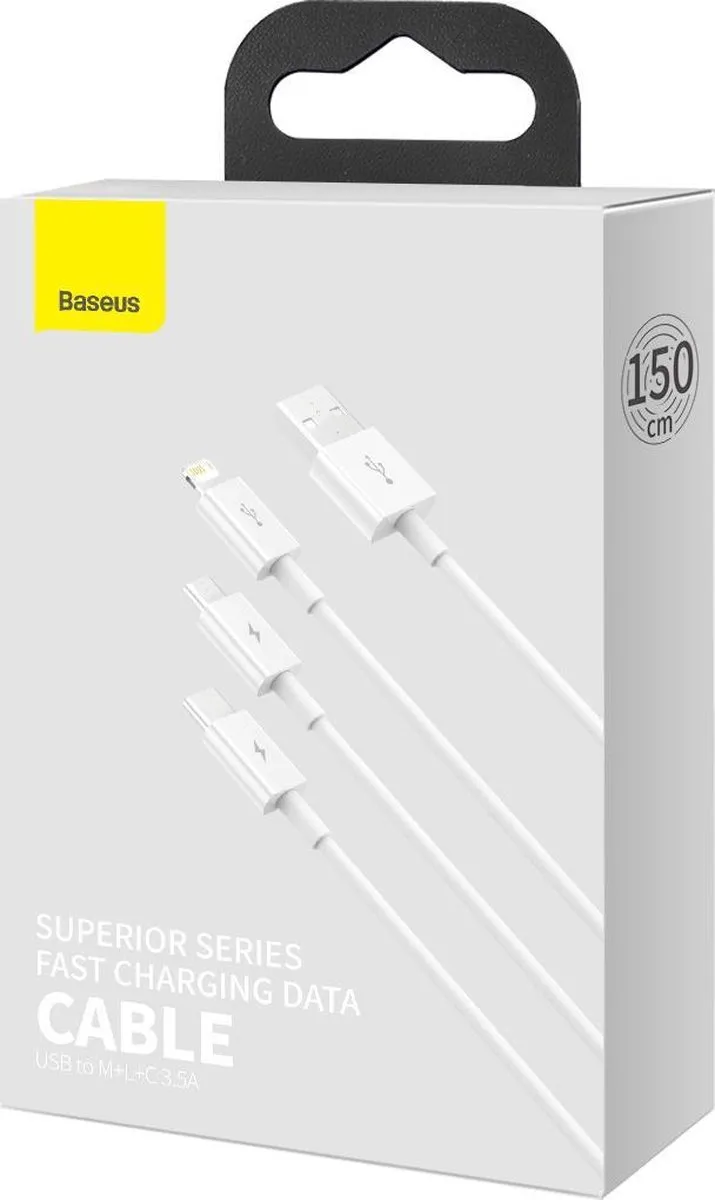 Baseus Superior 3in1 USB Kabel - Lightning/USB-C/microUSB 3.5A 1.5m - Wit - afbeelding 6 van 6