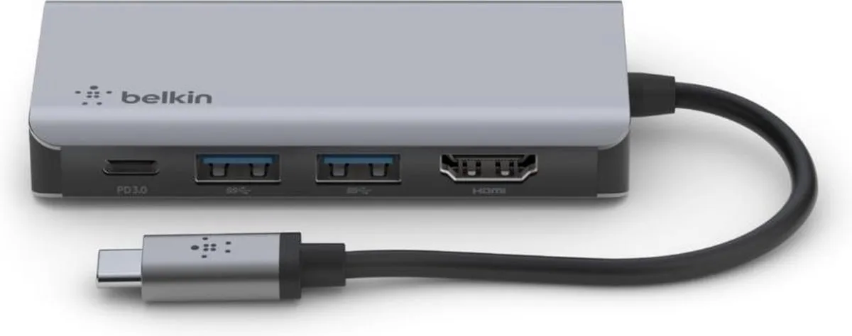 Belkin AVC006btSGY 4-in-1 USB-C Hub - 4K HDMI, Ethernet, USB-A 3.0 - 60W - Zwart/Grijs - afbeelding 6 van 6