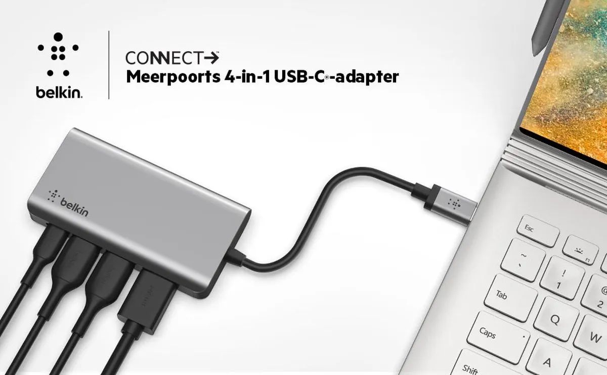 Belkin AVC006btSGY 4-in-1 USB-C Hub - 4K HDMI, Ethernet, USB-A 3.0 - 60W - Zwart/Grijs
